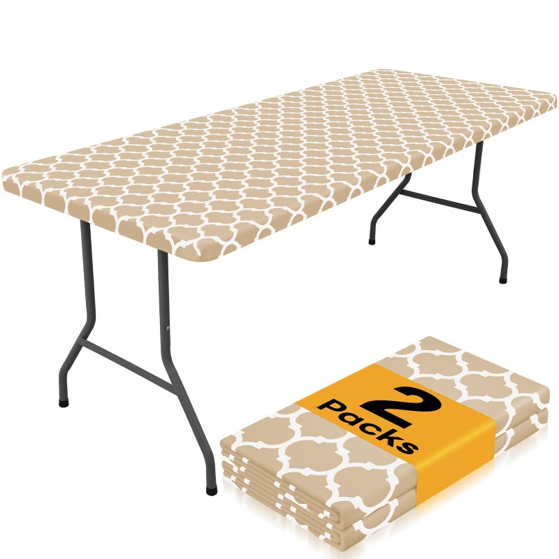 Smiry 2 Pack Rectangle Table Cloth 6 Foot  Waterproof Elastic Fitted Tablecloths  Windproof Washable Polyester Table Cover for Picnic  Camping  Outdoor (Khaki  30""x72"") - Image 1